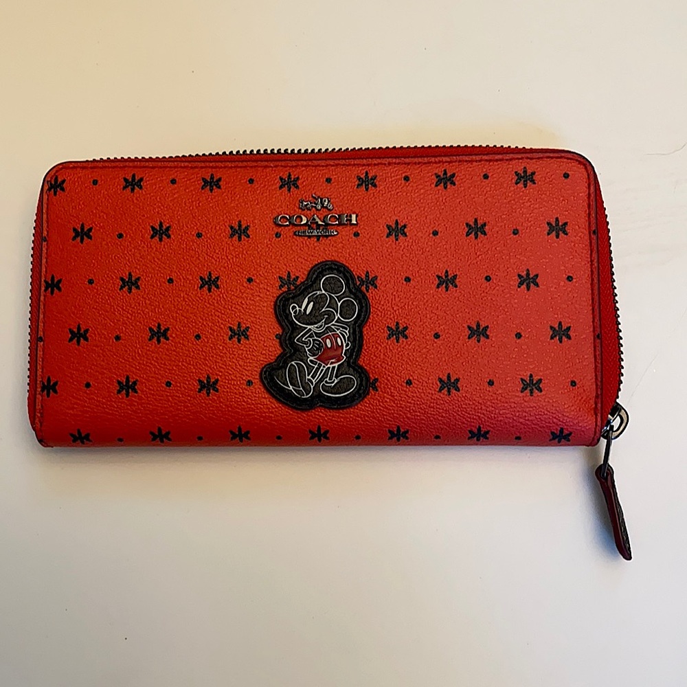New NWT Red Bandanna Print Authentic Coach Mickey Mouse Zip Wallet Disney
